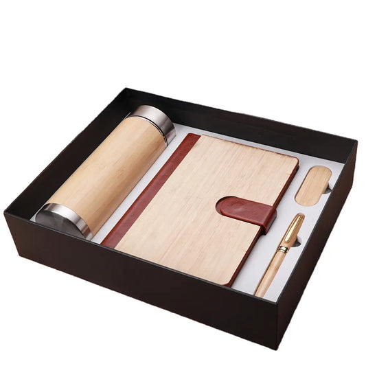 Eco-friendly Business A5 Notebook Bookmark Pen Thermos Cup USB Drive Gift Box Set Male Corporate Bamboo Promotional Gift Sets
